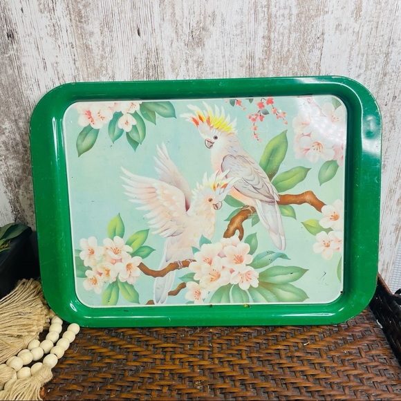 Vintage MCM Set of 3 Metal Tray Cockatoo and Flowers - Picture 1 of 8